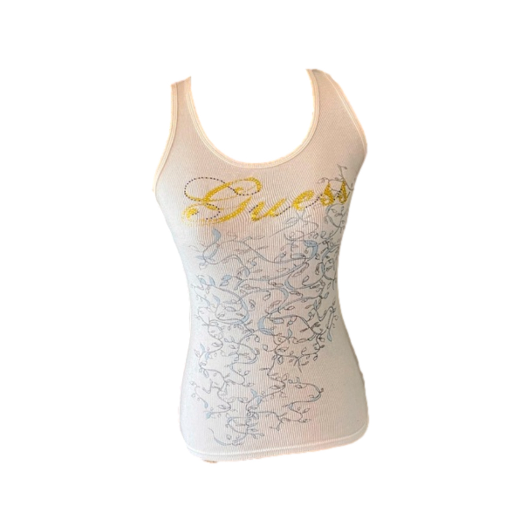Guess White Racer Back Tank Flower & Vine Front Detail Great Condition Size M